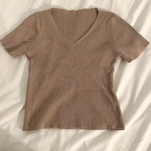 V-Neck Ribbed Knit Top - Taupe